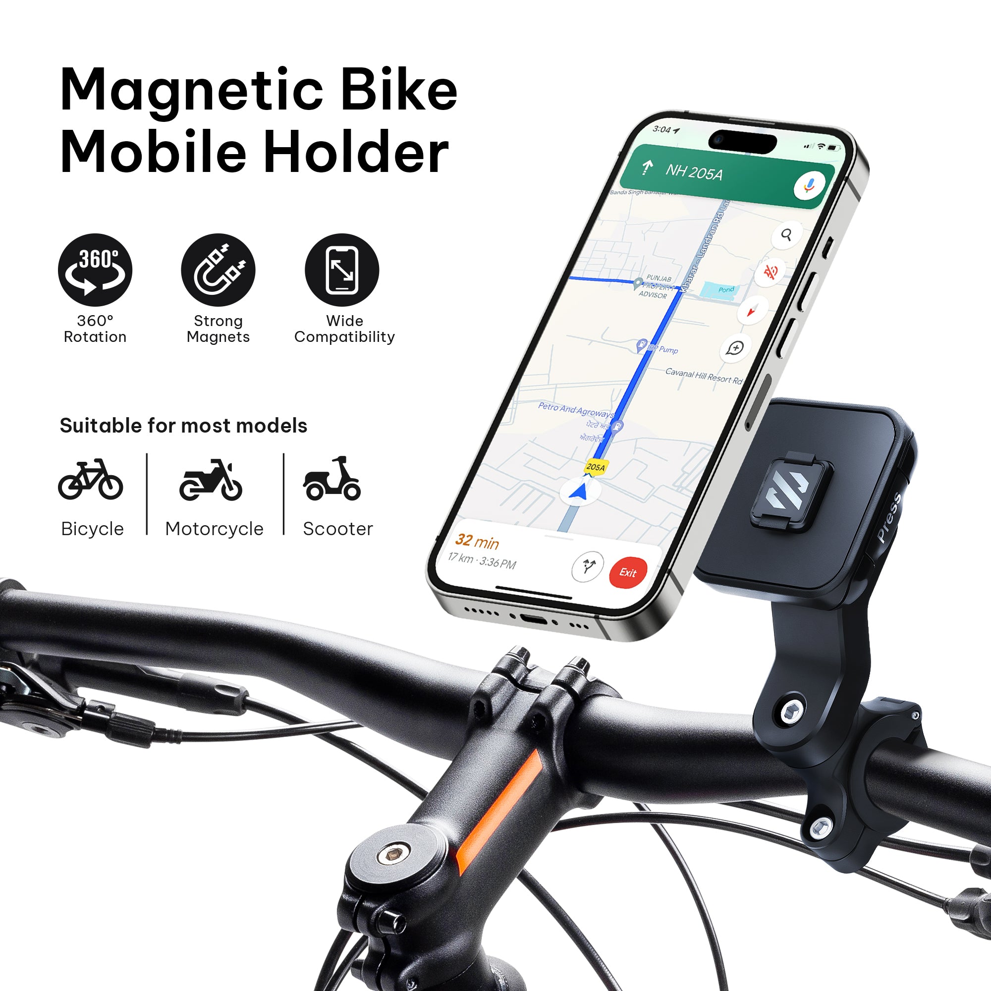 SKYVIK TRUHOLD Taplock Magnetic Bike Mobile Holder for Motorcycle, bi-Cycle, Scooter with tap & Safe Lock Feature