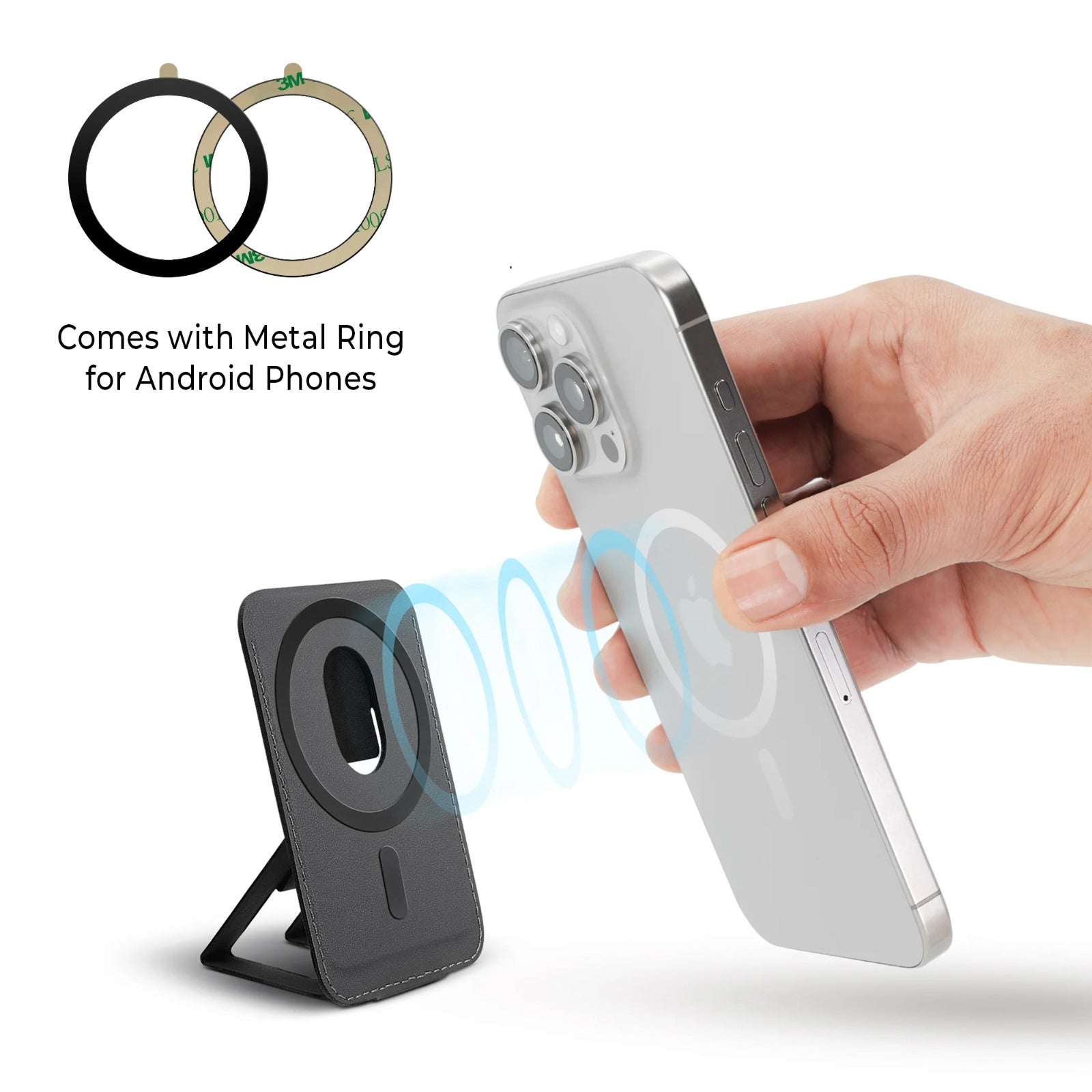 2-in-1 Magnetic Wallet & Stand with Metal Ring – Compatible with Android & iPhone